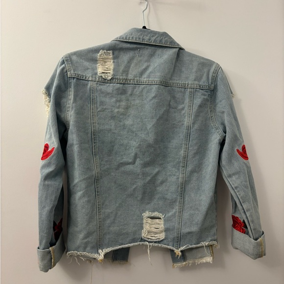 Distressed Denim Jean Jacket With Rose Patch Details - Picture 5 of 5